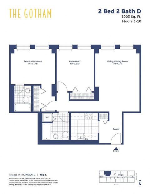 the gotham typical floor plan of 2 bed 2 bath